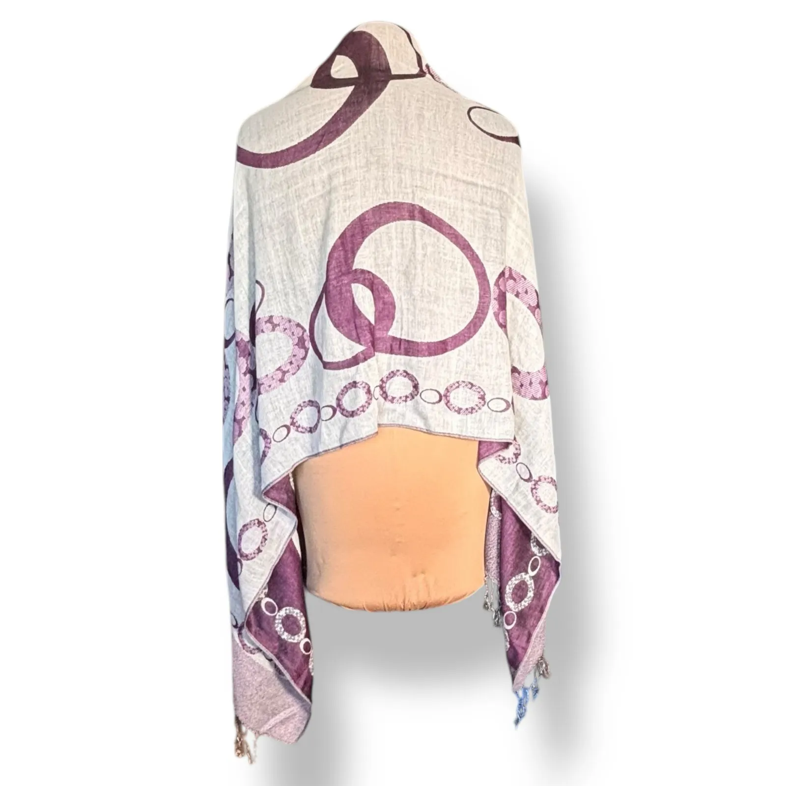 Purple Reversible Geometric Circle Print Fringe Shawl Scarf Wrap Versatile - Image 8
