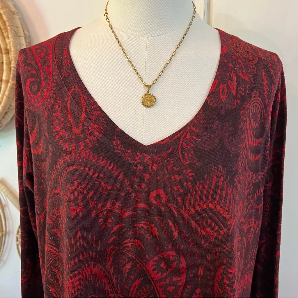 Soft Surroundings Nikita Paisley Tunic Red V Neck Long Sleeve Boho Top XL - Image 3