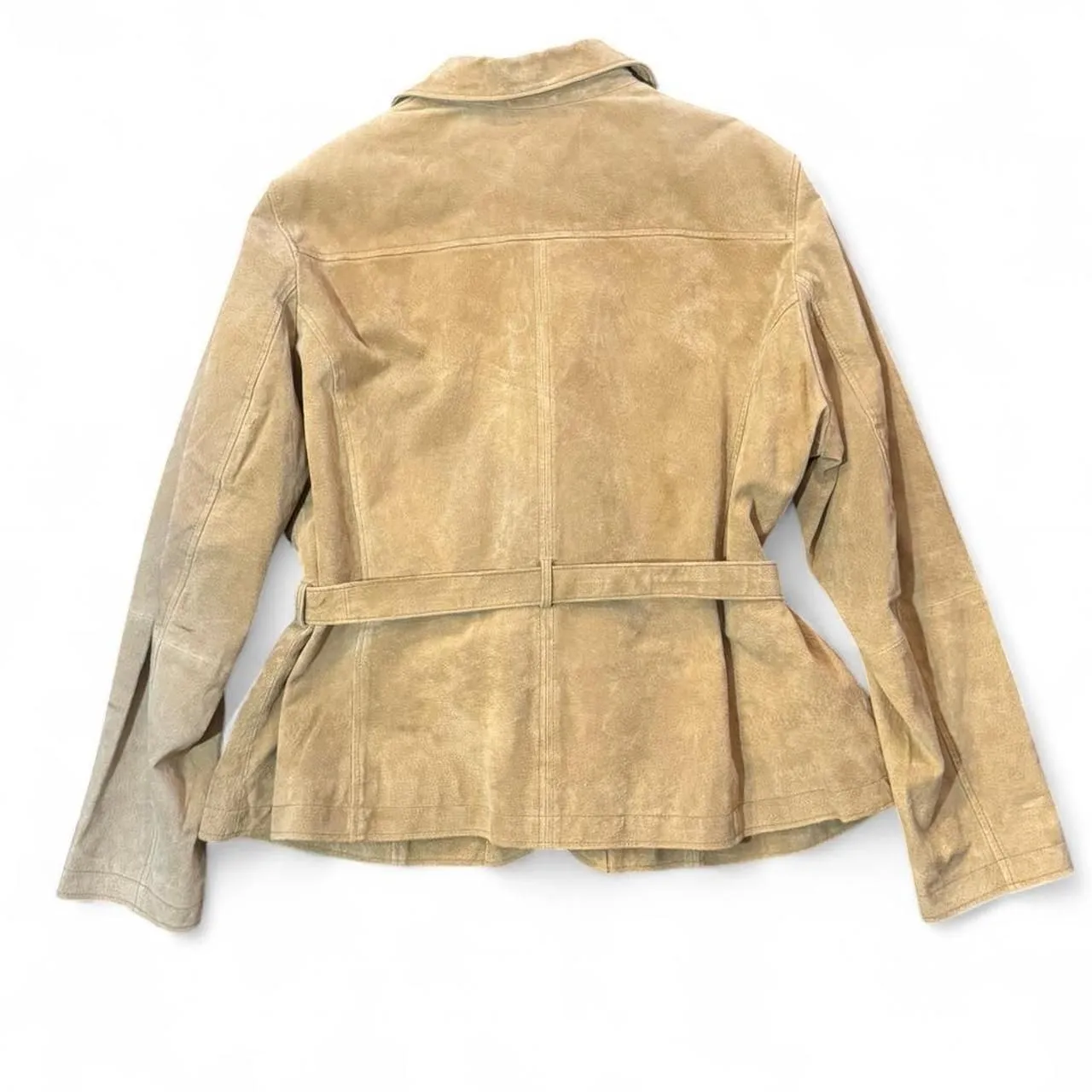 Relativity Women’s 2X Genuine Suede Leather Cropped Trench Coat Belted Tan - Image 2