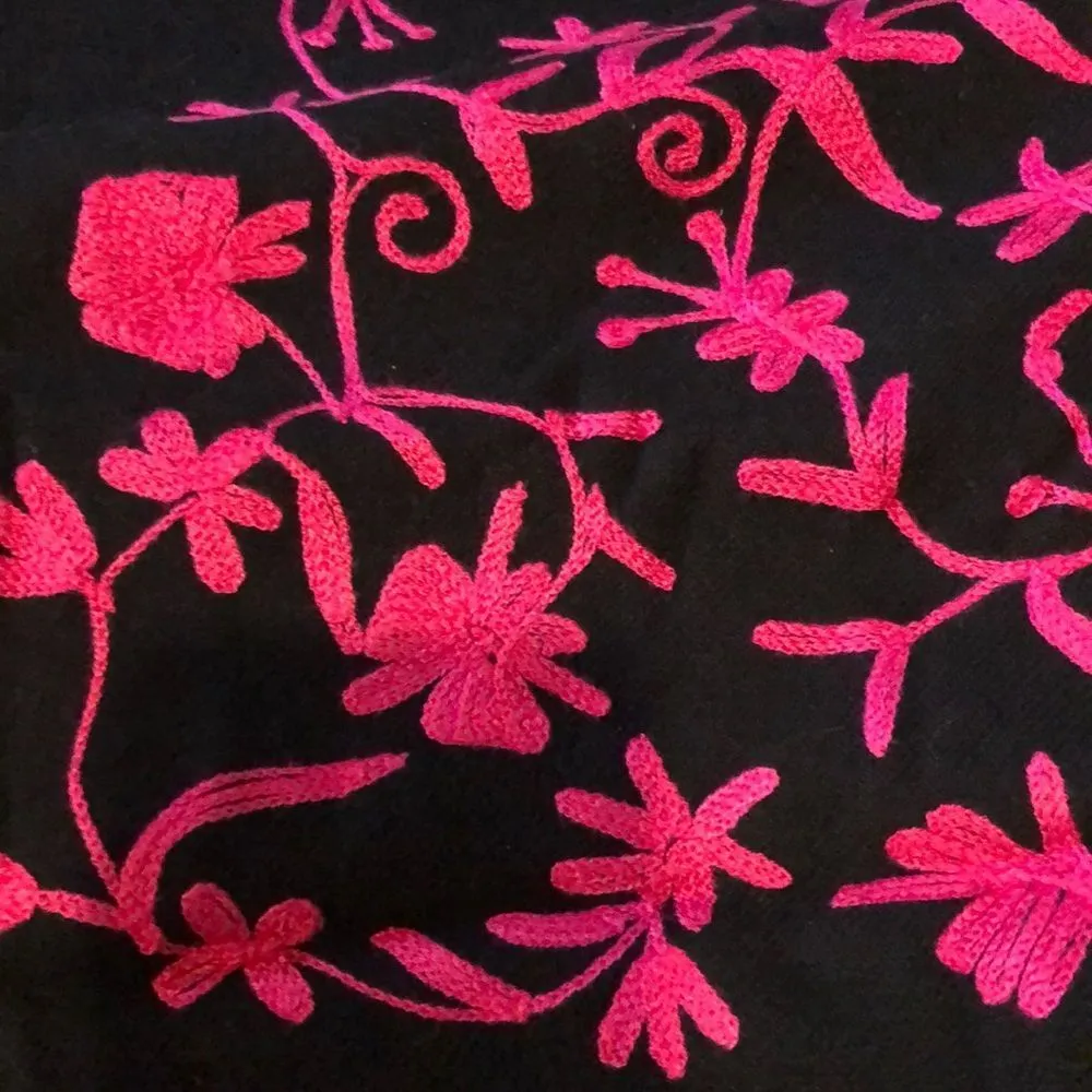 Wide Black Scarf Pink Embroidery Fringed Ends - Image 10