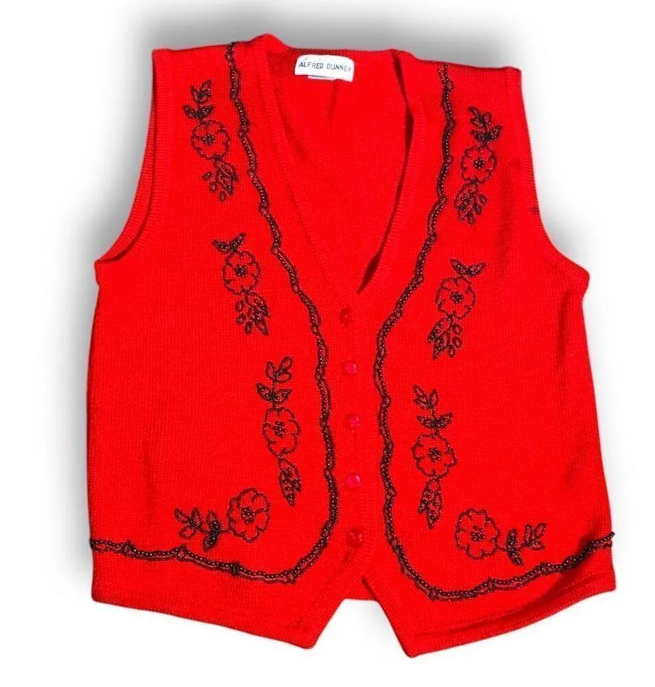 Vintage 90s Embroidered Sweater Vest Red Beaded Dark Floral Printed Knit Vneck Size M - Image 9