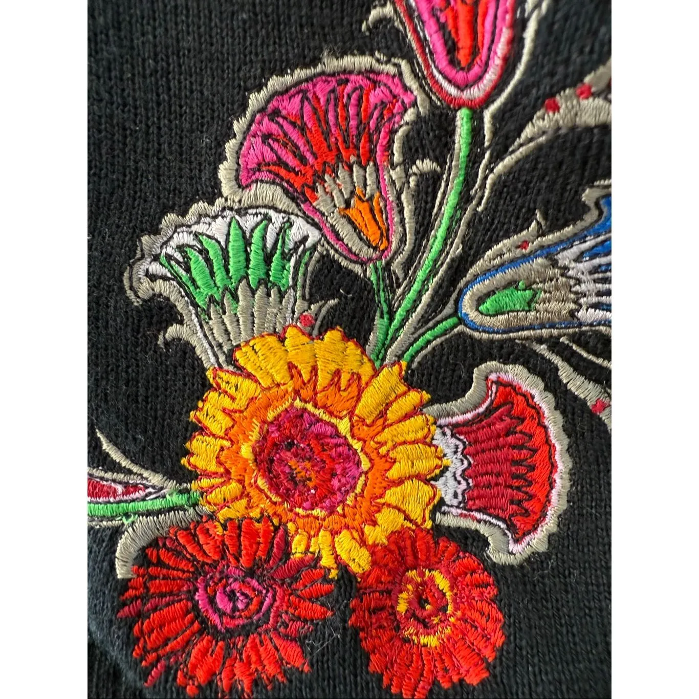 Bogner Black Mock Neck Colorful Embroidered Flowers Ski Sweater Wool Blend M Size M - Image 3