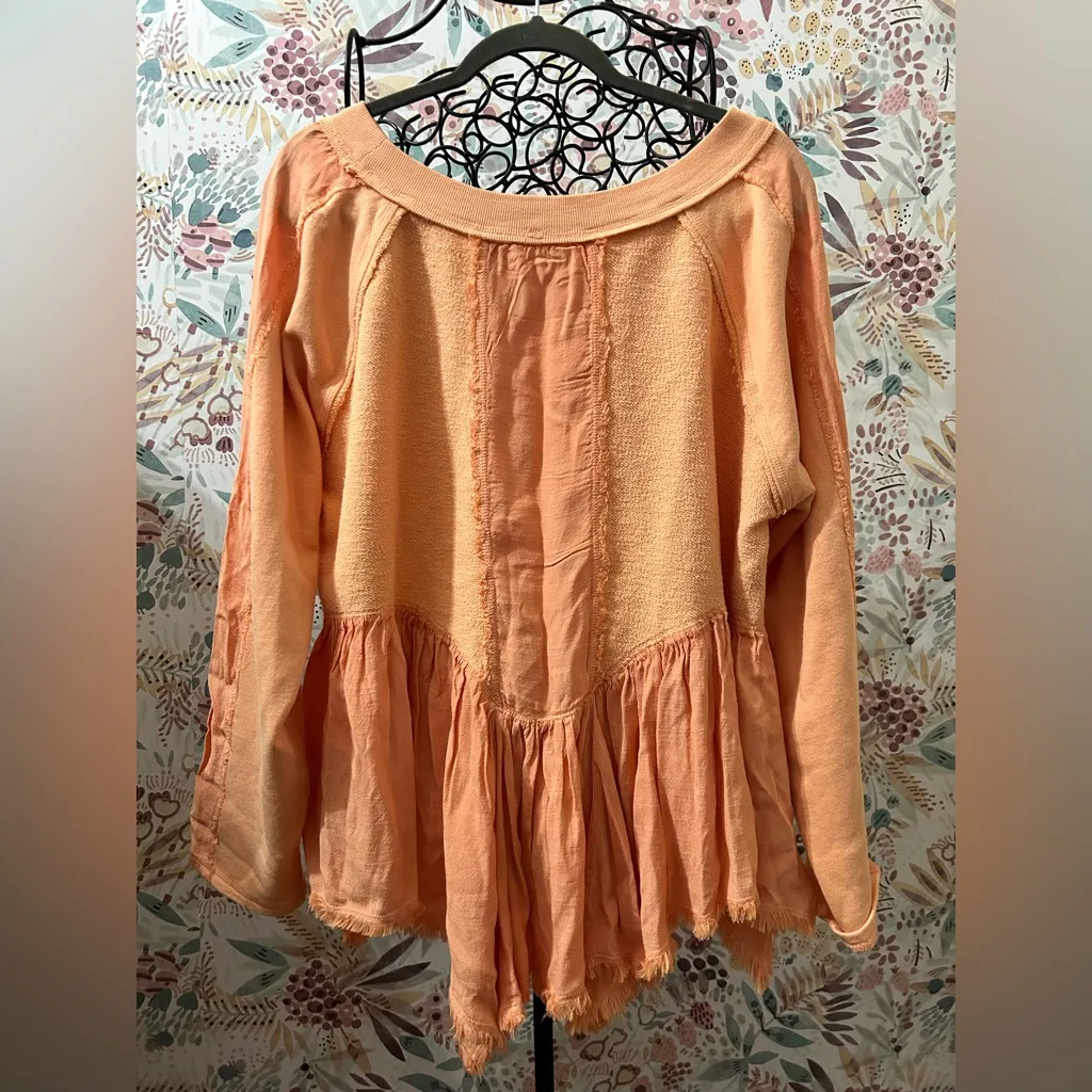 Free People Gold Dust Pullover Oversized Fringe Sweater Orange XS Terry Boho - Image 7