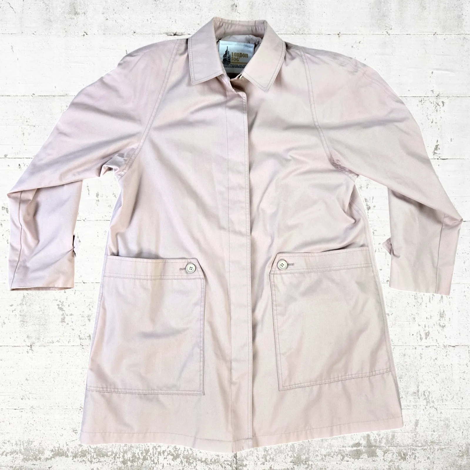 70s Vintage Pink Utility USA Union Made Button London Fog Trench Coat Size 12P - Image 2