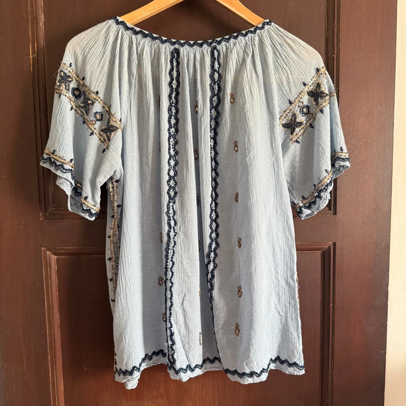 CALYPSO ST. BARTH | Blue Gauze Beaded Boho Peasant Top Short Sleeve  Medium - Image 6
