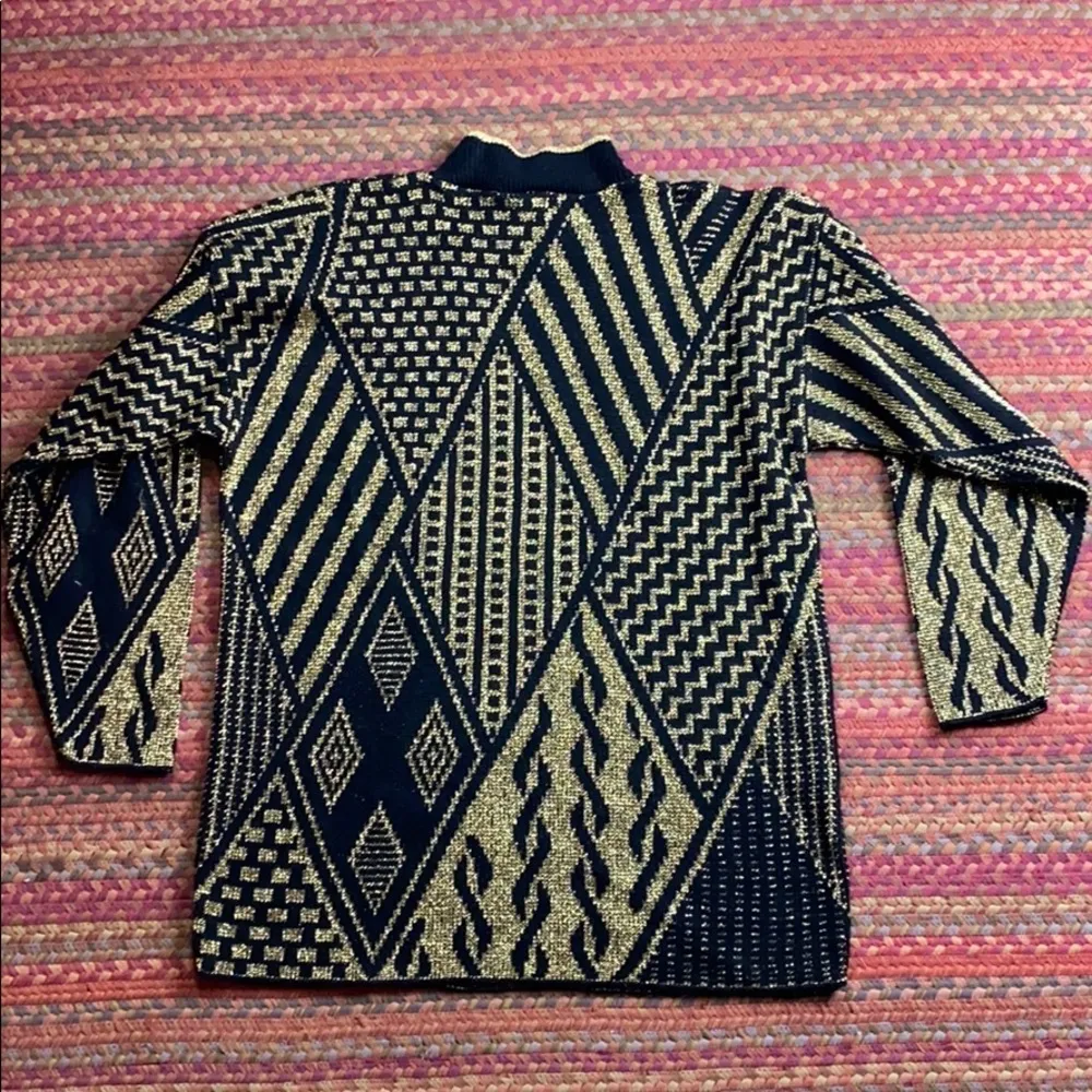VTG FREDERICKS OF HOLLYWOOD BLACK & GOLD KNIT DIAMOND PRINT SWEATER HOLIDAY - Image 5