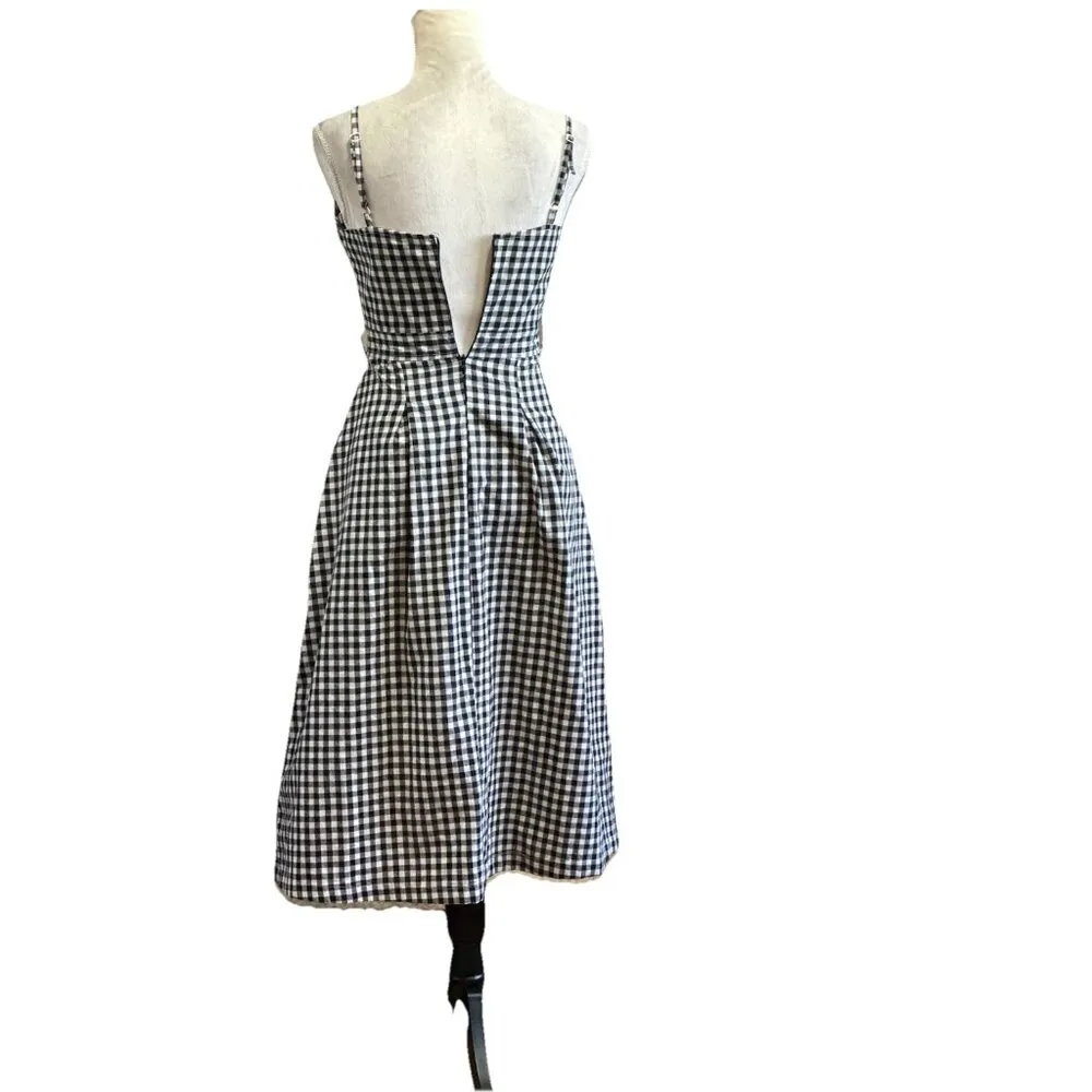 Oao Oro Babydoll Midi Dress Sz 2 Black White Gingham Check Pleated Empire Waist - Image 2
