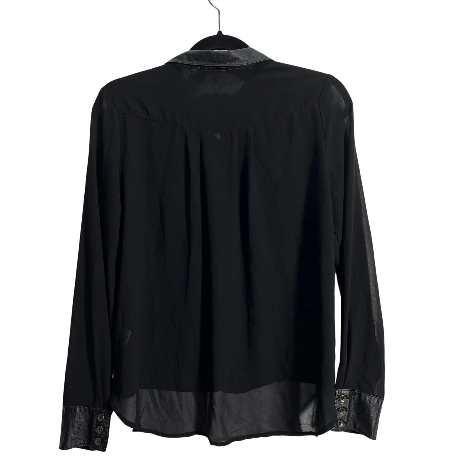 Love Tree Large Faux Leather Trim Button Up Sheer professional Career blouse - Image 2