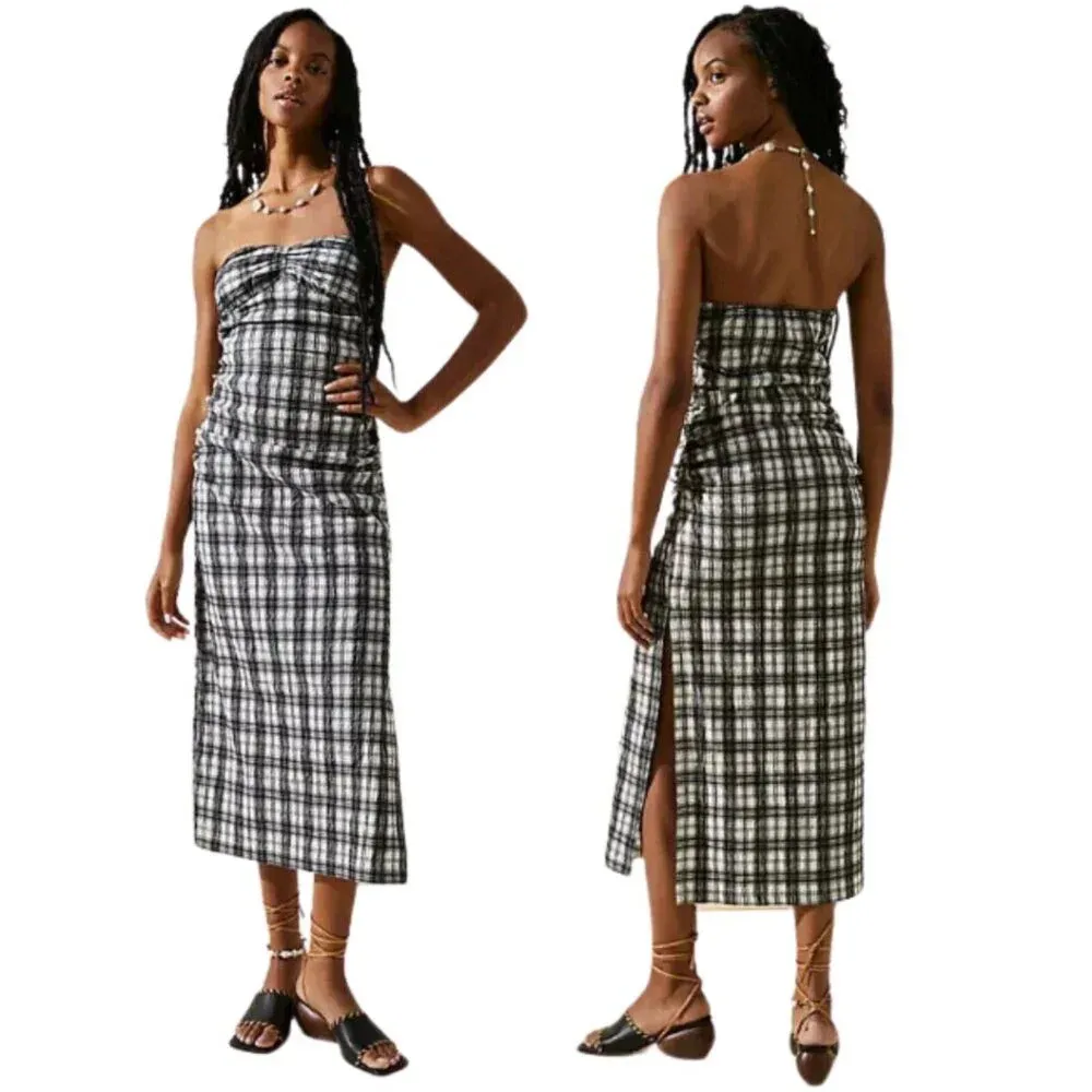 NWOT Free People Brandie Plaid Midi Dress Women's L Strapless Slit Black White - Image 2