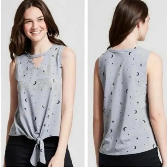Modern Lux Grey, Black & Gold Sleeveless Tie Waist “Star Gazer” Graphic Top - Image 2