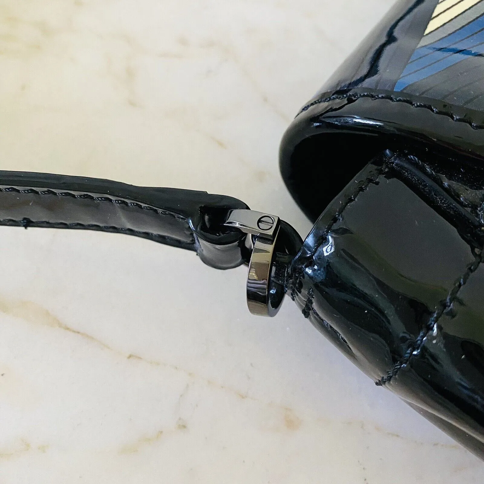 TORY BURCH Blue Black Stripe Patent Leather Shoulder Bag - Image 9