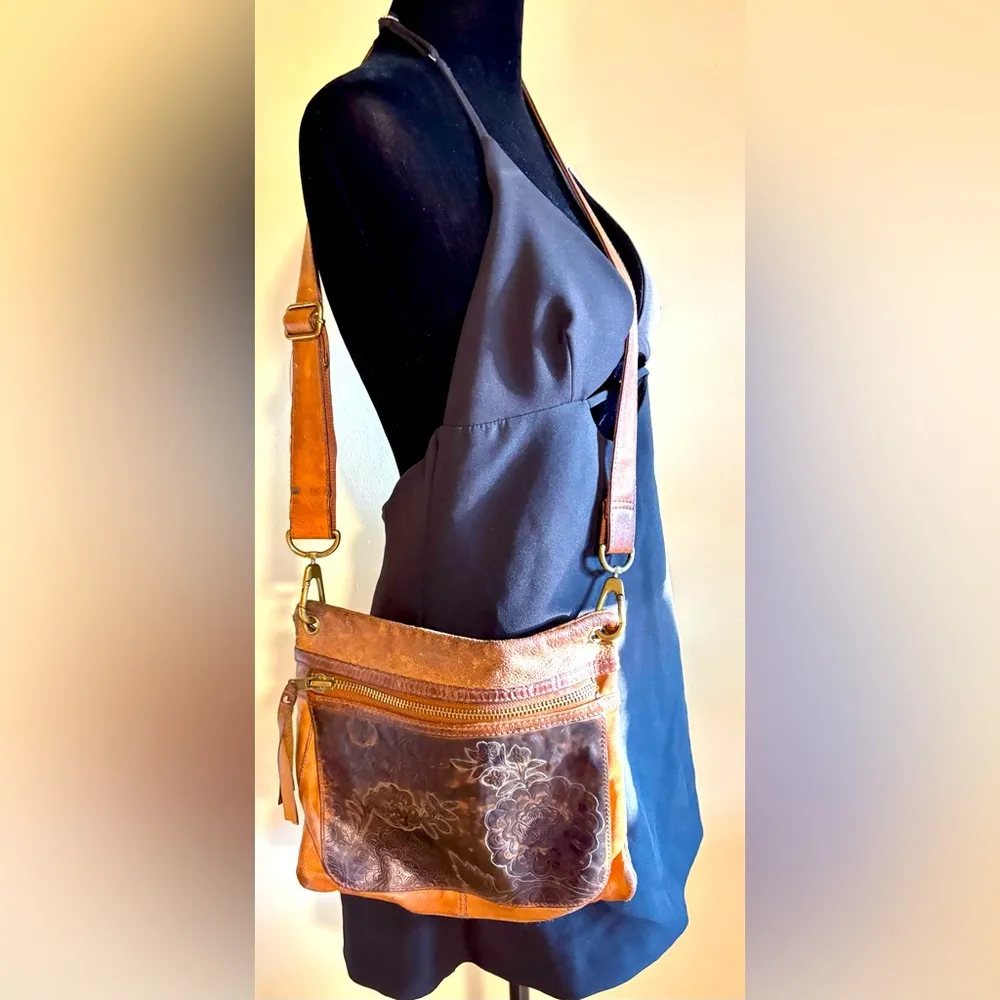 UNBRANDED 2 Two Tone Black Tan Leather Embossed Boho Crossbody Adjustable Bag - Image 2