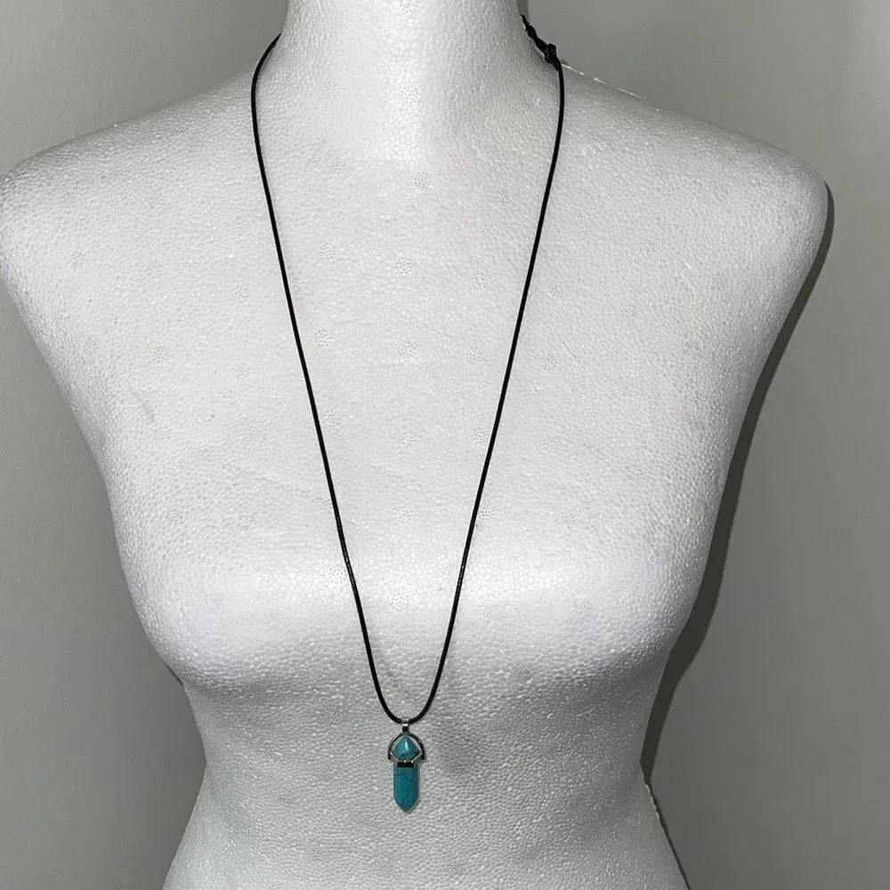 Turquoise Gemstone Hexagonal‎ Pointed Bullet Pendant Adjustable Boho Necklace Black - Image 3