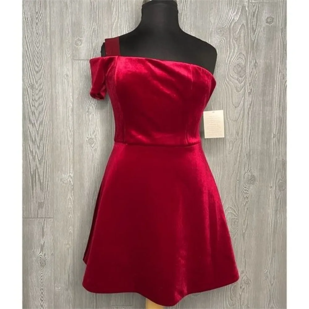 Nwt Boston proper red velvet one shoulder short fit and flare dress formal date - Image 3