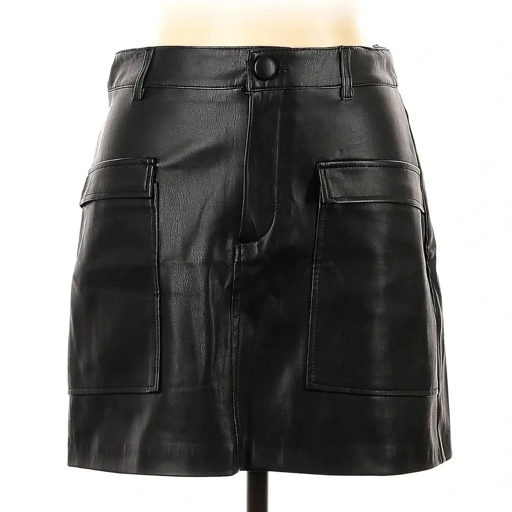 Zara Black Punk Goth Vegan Faux Leather Cargo Mini Skirt Women’s Size Large L - Image 4
