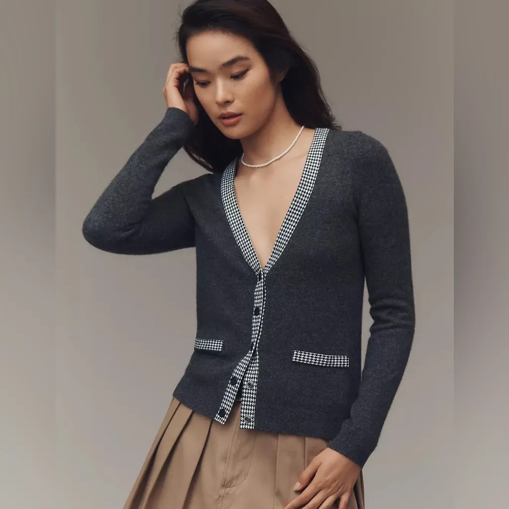 Anthropologie Anthro Maeve Contrast-Trim 100% Cashmere Cardigan size xl READ - Image 11