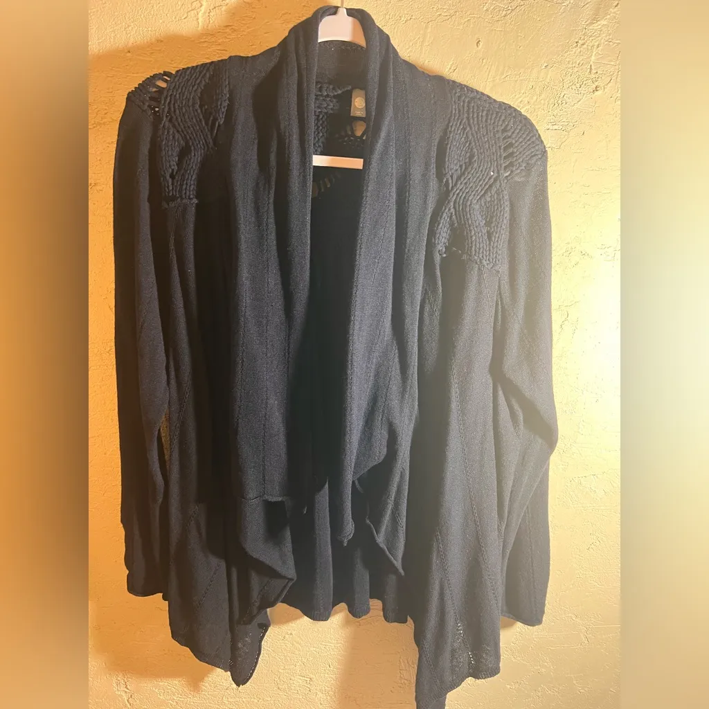 Anthropologie Black Open front cardigan linen cotton blend cable knit detail M - Image 6