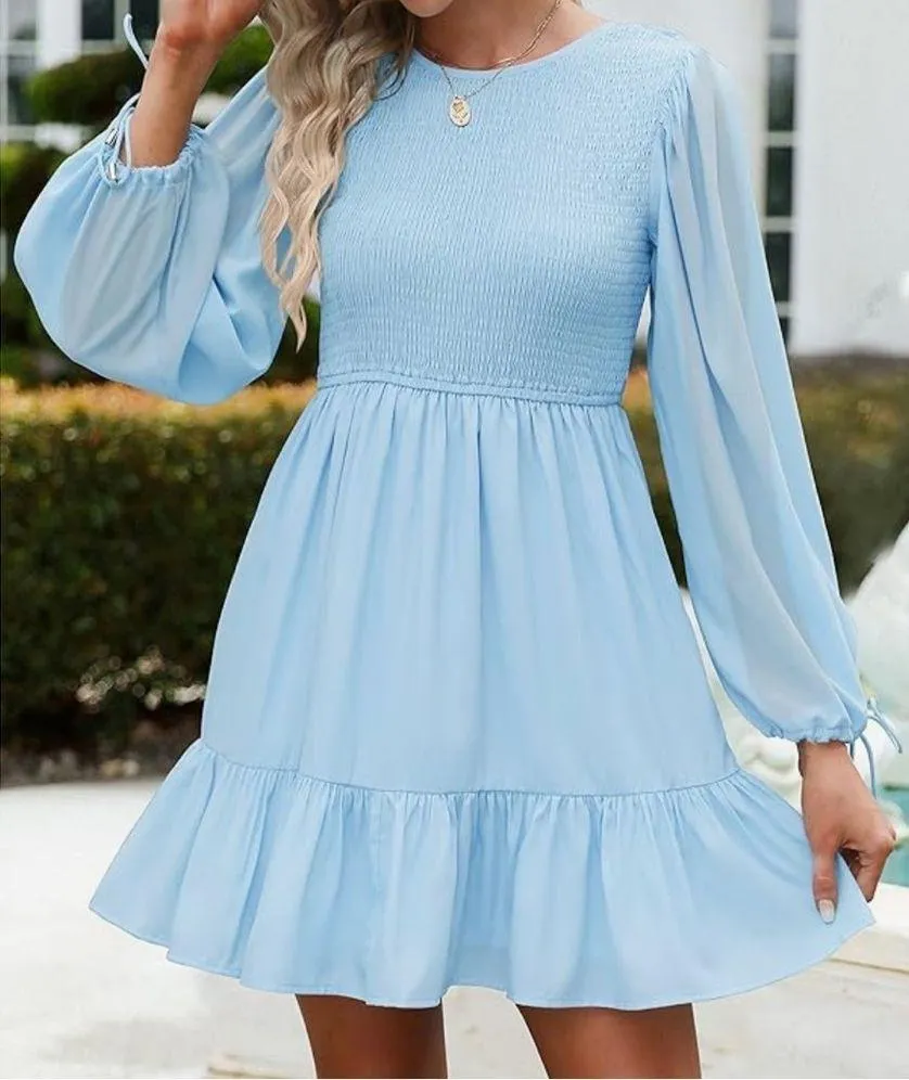 ZESICA Women's Blue Dress Long Sleeve Smocked Tiered Flowy Mini Dress Sz Medium - Image 6