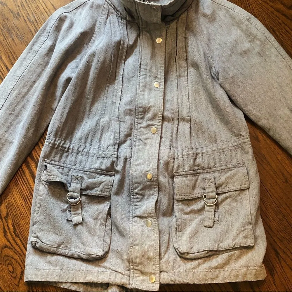 FREE PEOPLE Women’s Denim Full Zip Button Down Peacoat Multi-Pocket Jacket Sz 12 - Image 4
