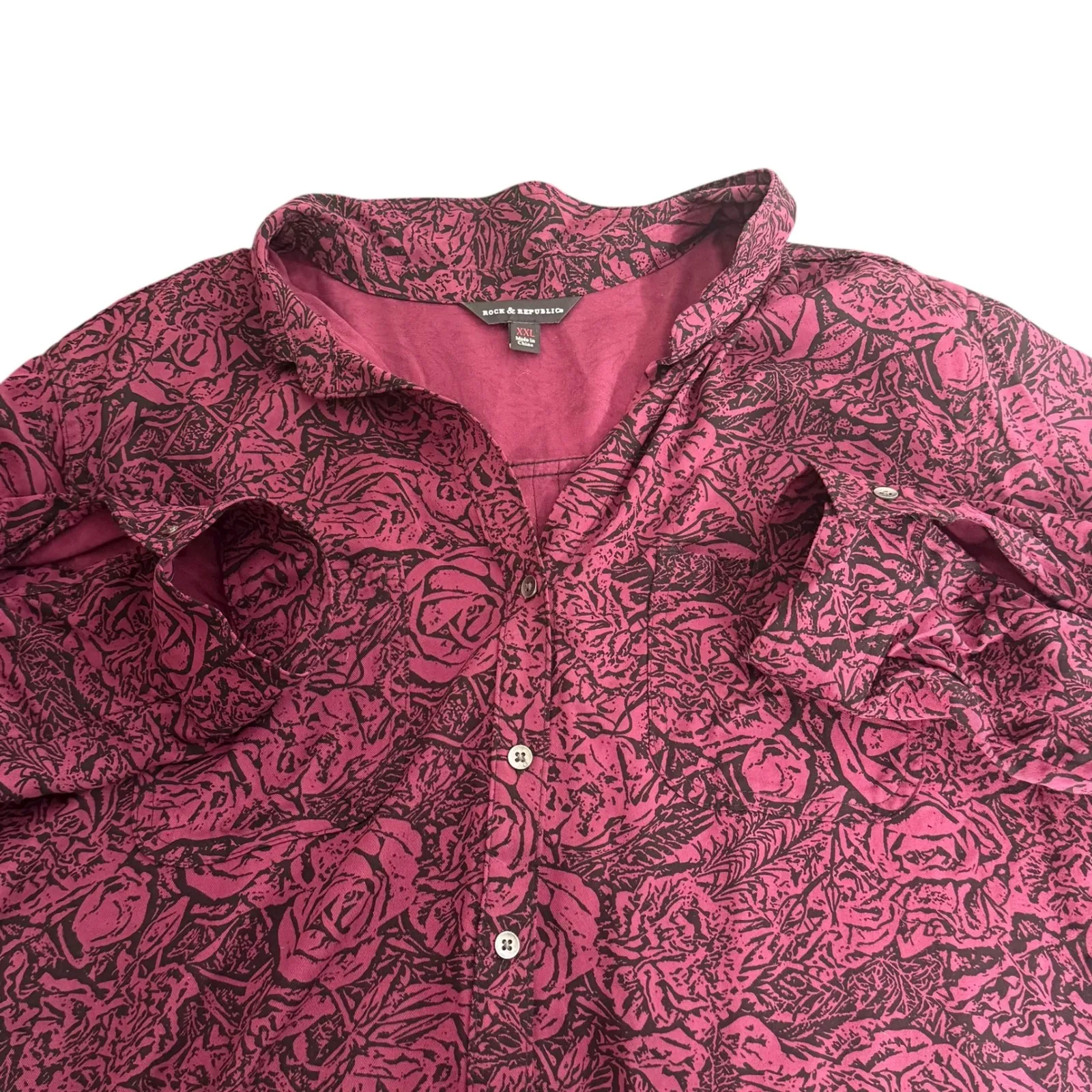 Rock‎ & Republic Grunge Rock Rose Pattern Top Women Size XXL Purple Black Button - Image 4