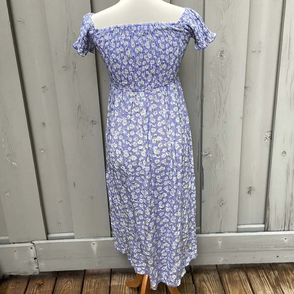 Cottage Daisy Plaid Smocked Bodice Square Neckline Midi Length Viscose Dress SzM Blue Size M - Image 3