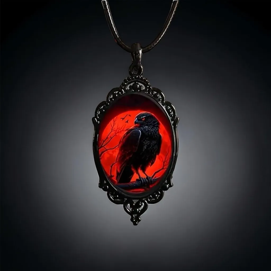 Gothic Crow Red Moon‎ Cameo Style Black Necklace Pendent - Image 6