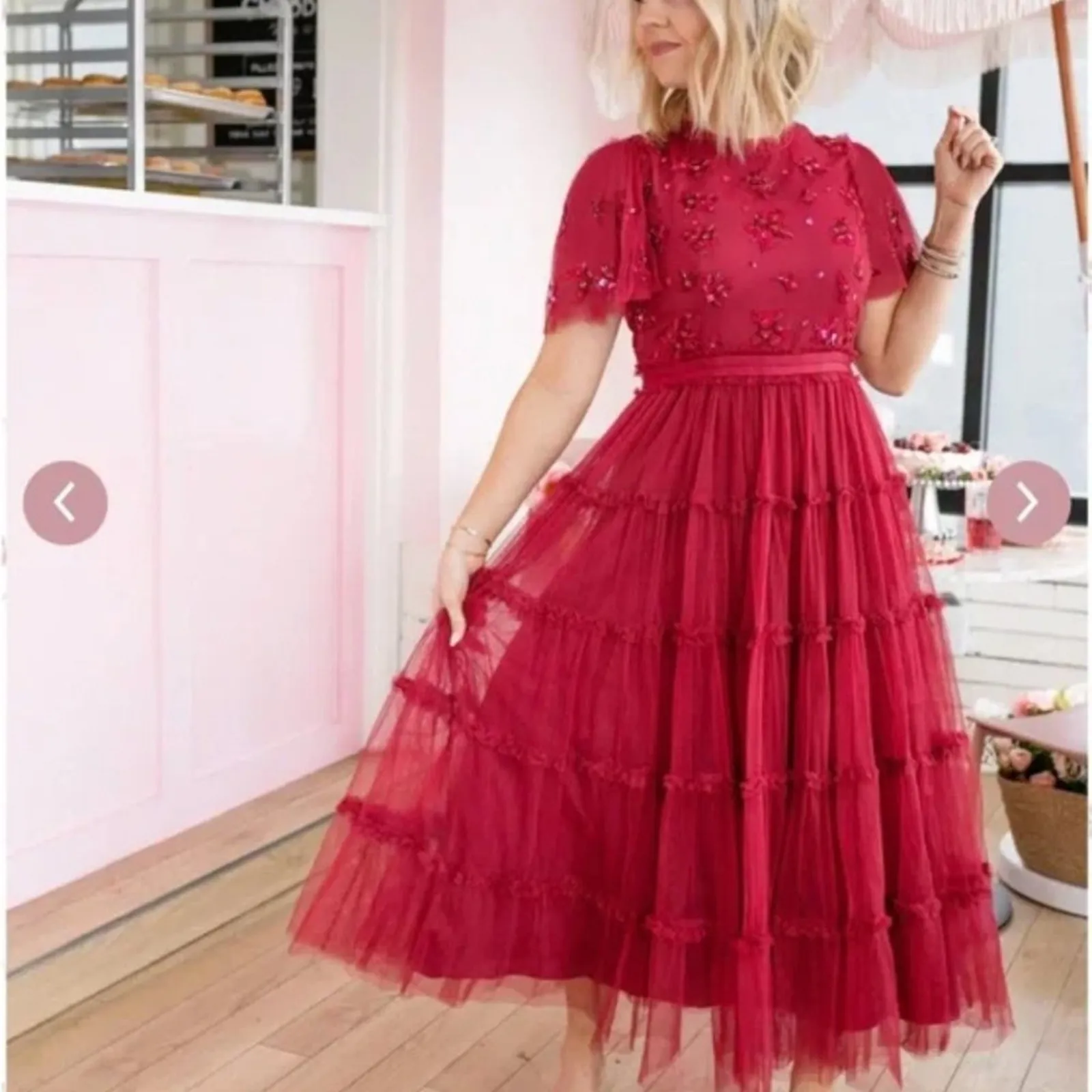 Ivy City Co. Embroidered Tulle Midi Red Floral Beaded Short Sleeve Size XS - Image 13