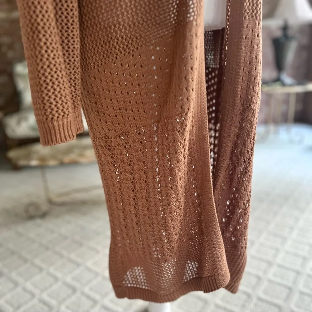 Marled Long Duster Tan Brown Open Front Knit M Long Sleeve Maxi Chic Pockets Size M - Image 14