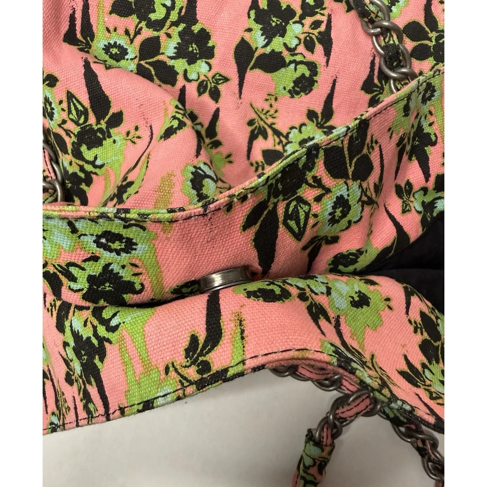 Volcom 2000s Pink‎ Green Floral Large Tote Bag Chain Handles Hobo Beach Casual - Image 16