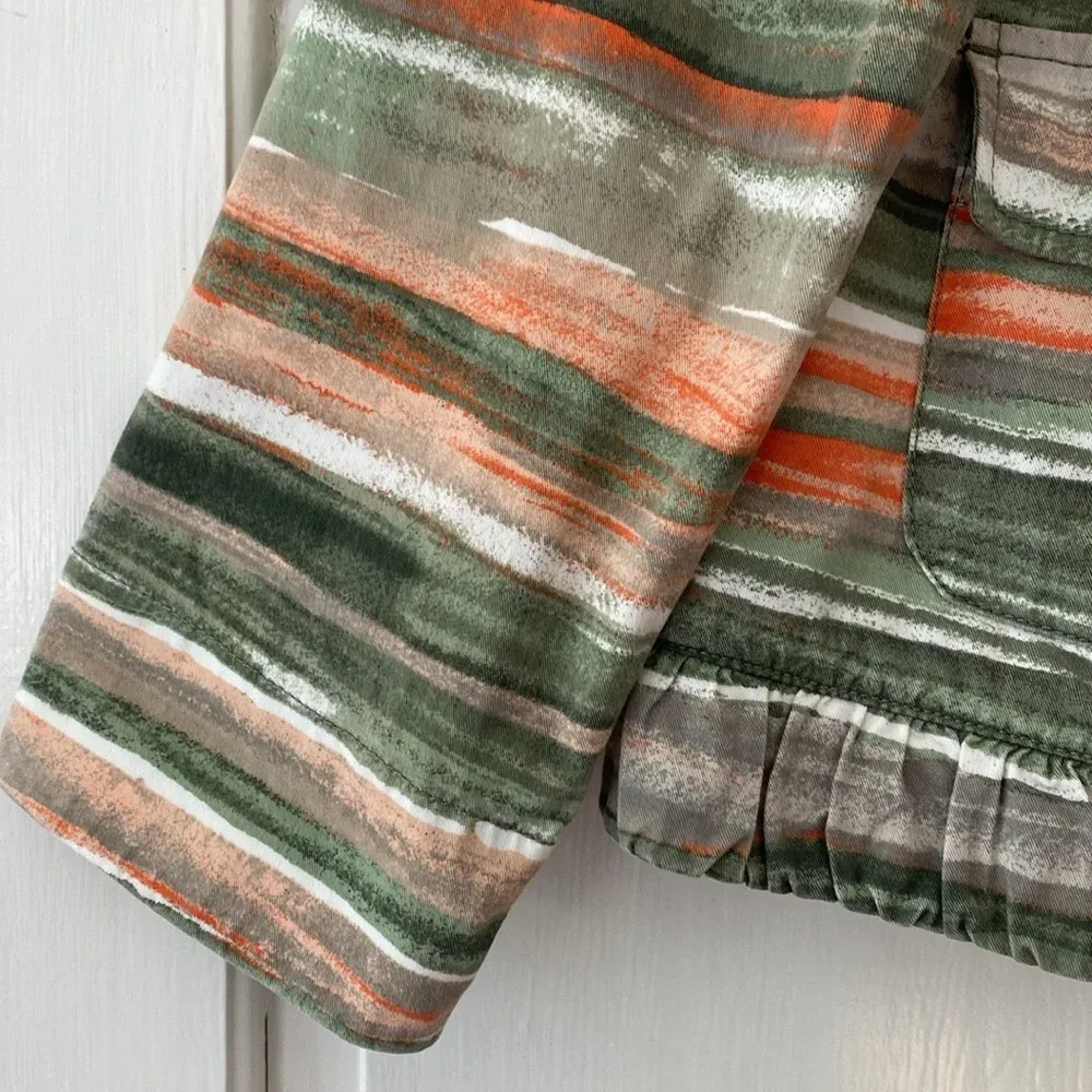 Chico’s Size 2 Abstract Striped‎ Cotton Ruffle Open Front Jacket Chicos Large - Image 2