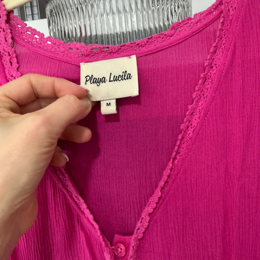 Playa Lucila eyelet maxi dress tiered embroidered gauze button down tiered hot Pink Size M - Image 5