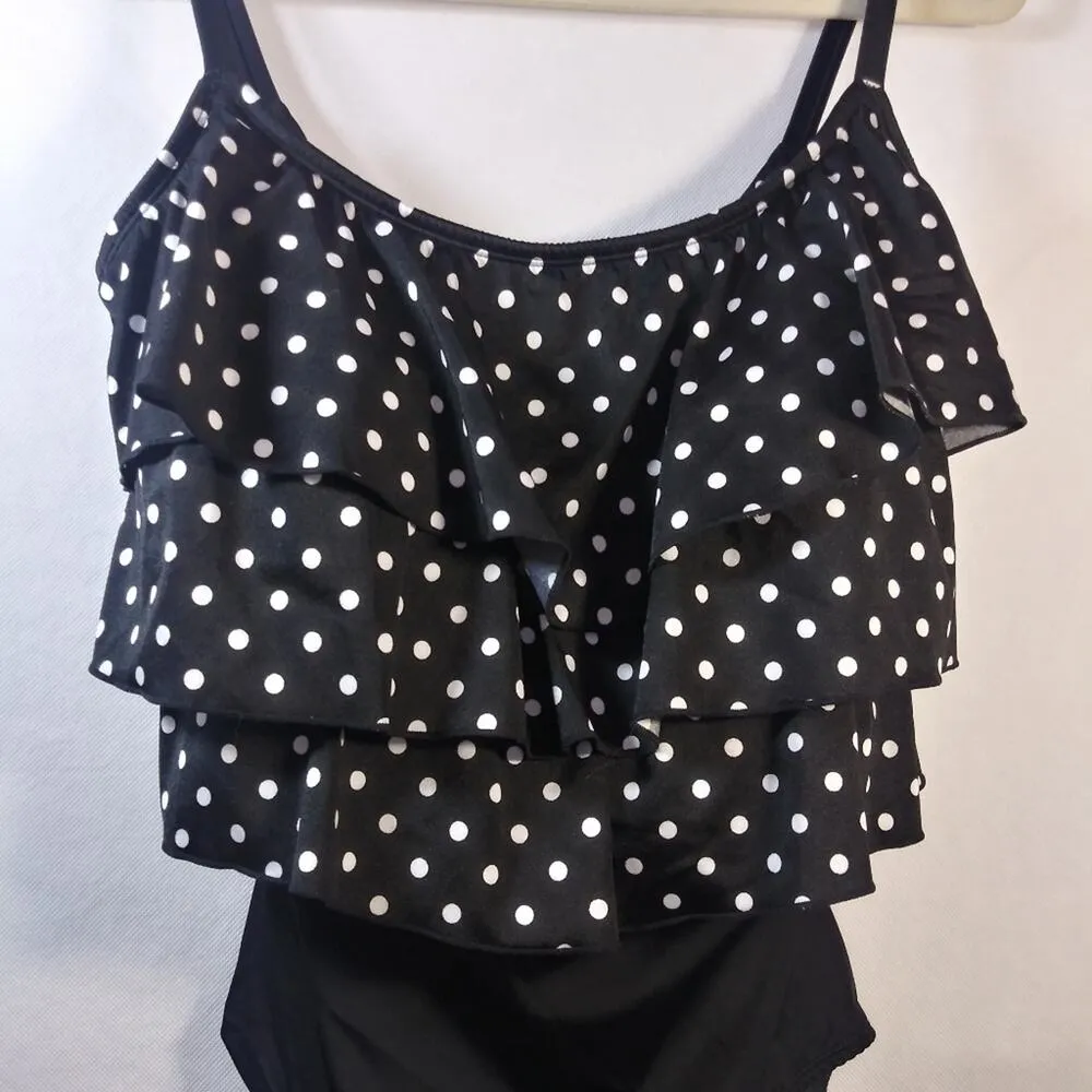 Inches Away Black Polka Dot Tiered Ruffle One Piece Swim Suit size 16W - Image 3