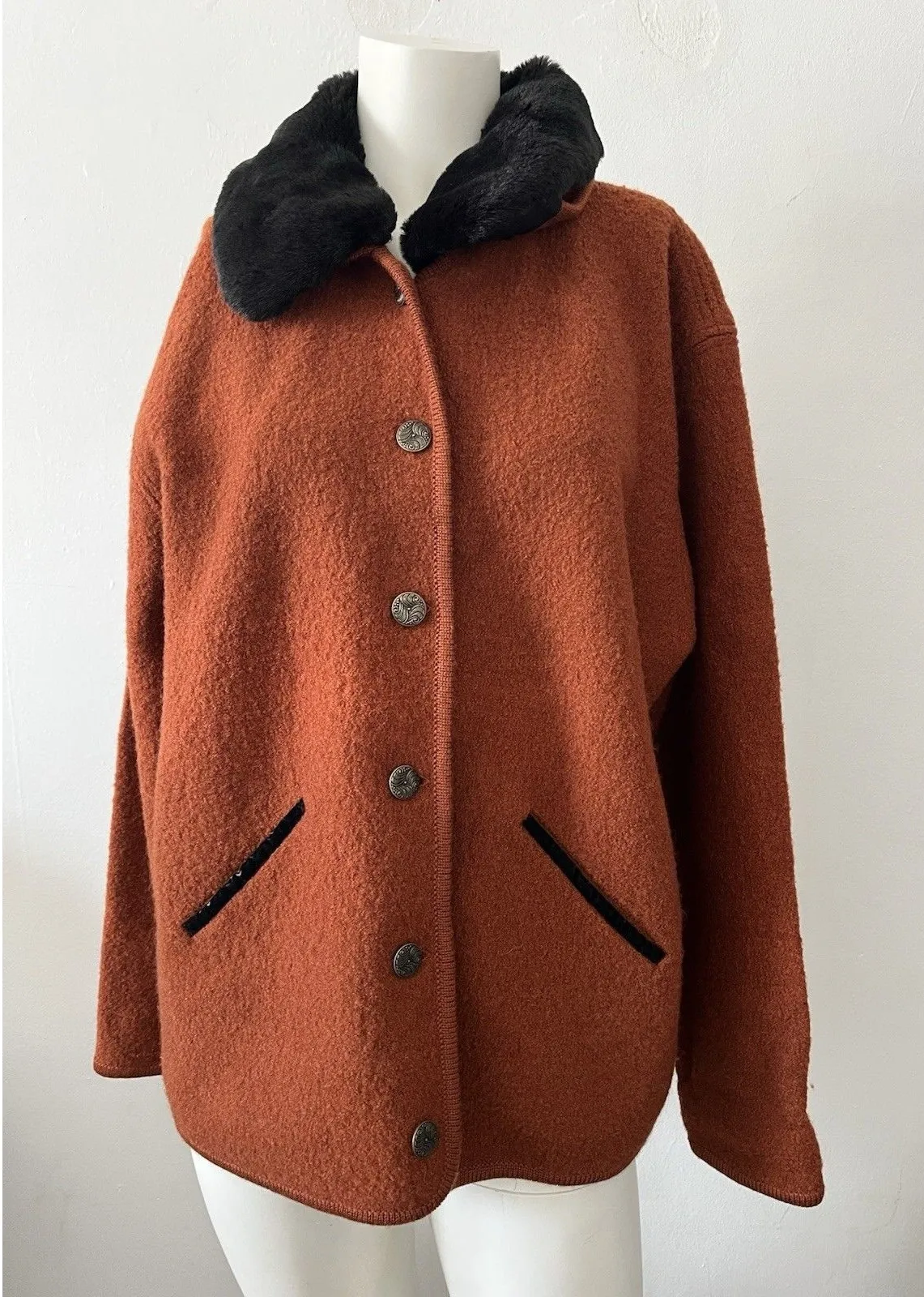Vtg 80s Skyr wool rust Shacket L black Fur Collar old money quiet luxury grandma Orange Size L - Image 1