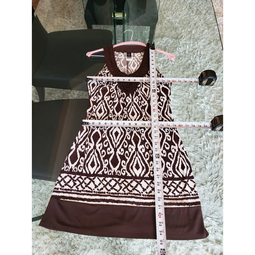 Wrapper Sheath Dress Womens Medium White Brown Geo Print Sleeveless Crochet Neck - Image 7