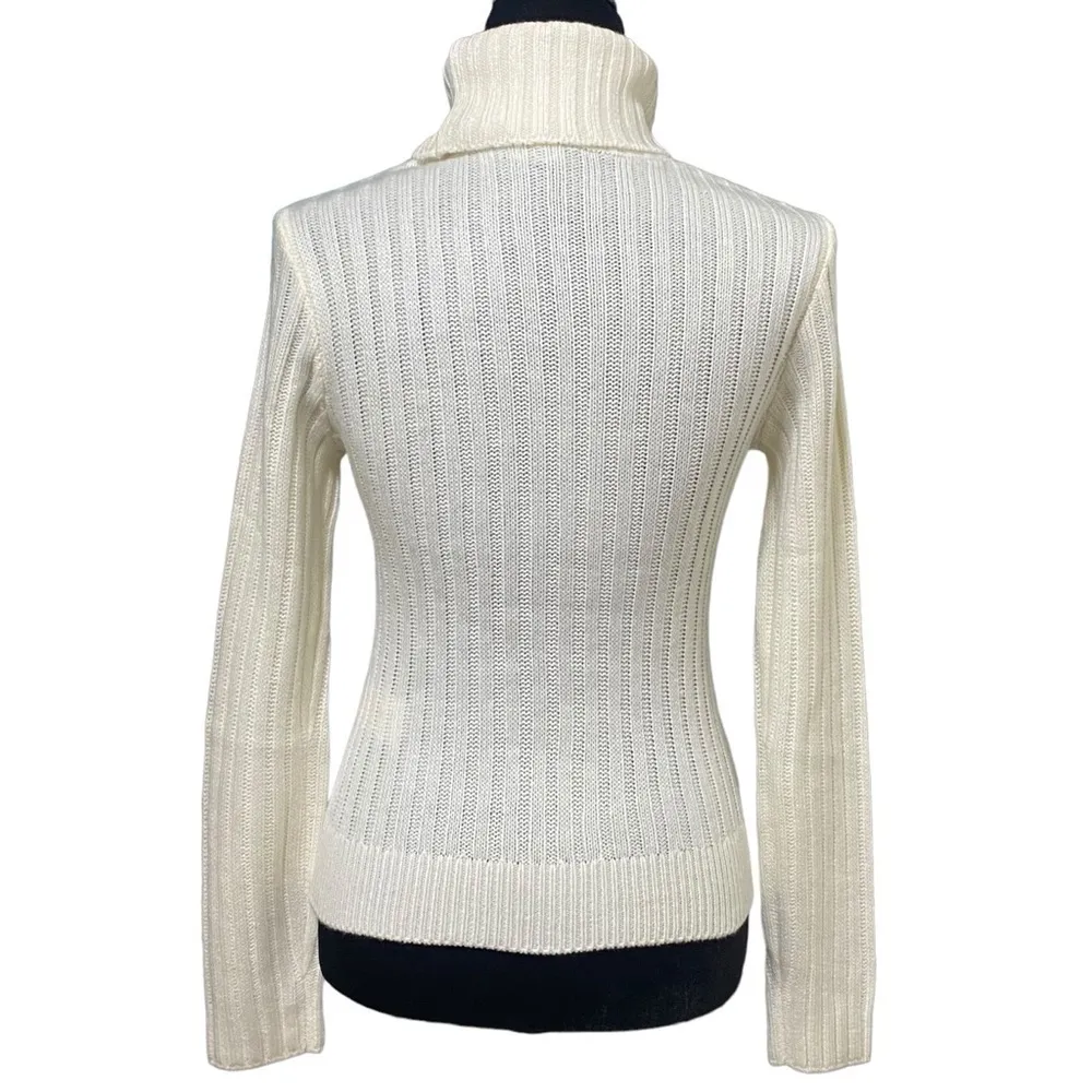 DKNY Ivory Fringe Ribbed Knit Turtleneck Sweater Boho Cozy Pullover Small - Image 5