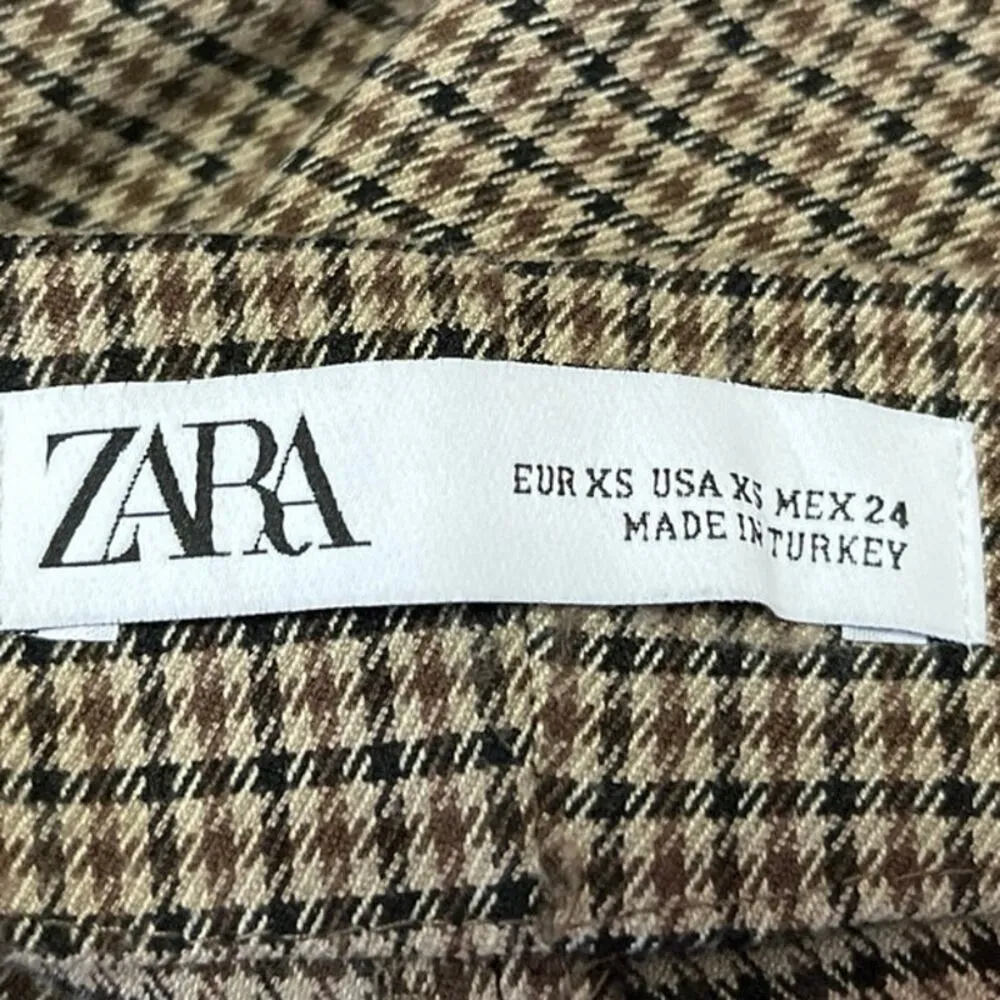 Zara Brown Houndstooth Checkered Paper Bag High Rise Wide Leg Trousers Pants XS - Image 5