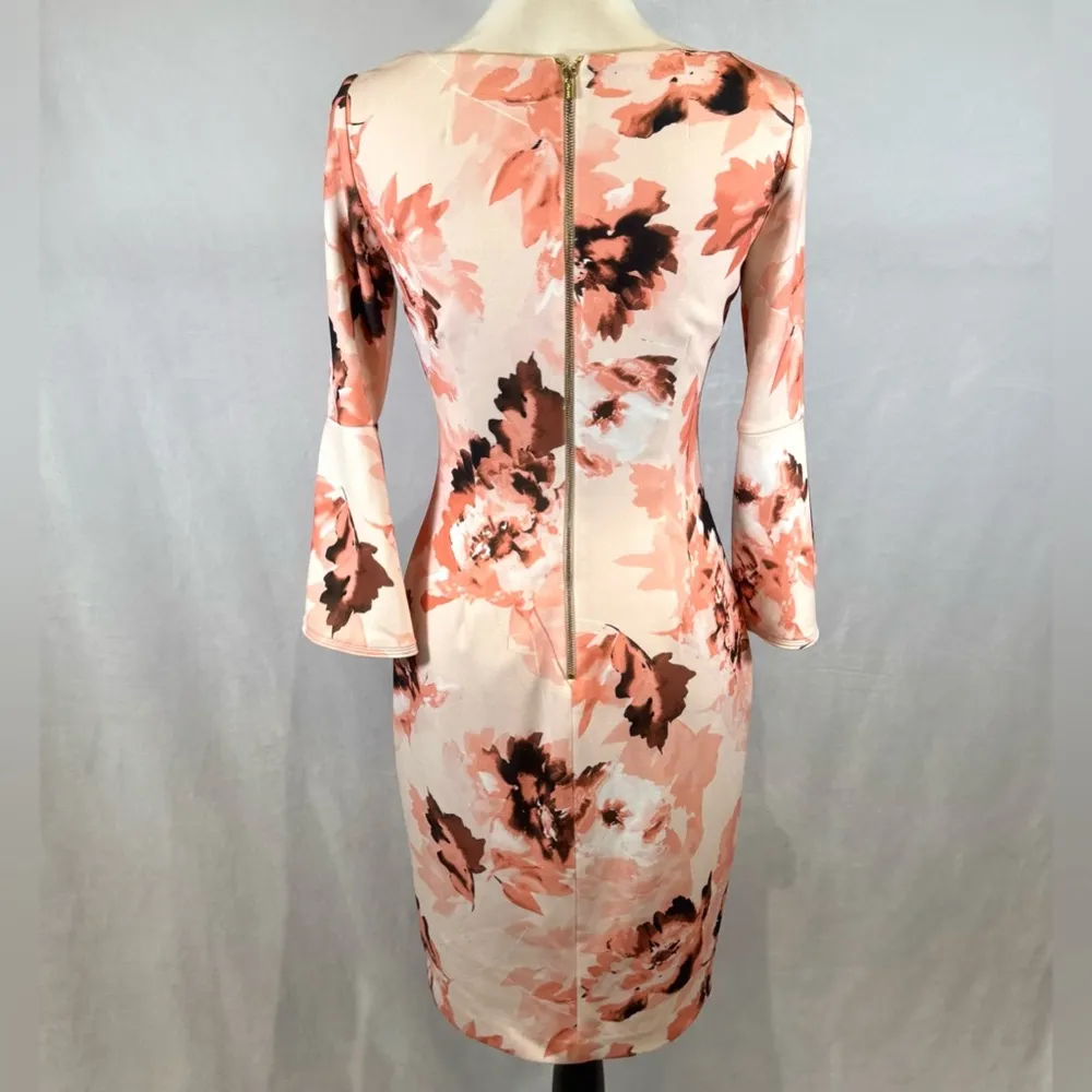 Calvin Klein gorgeous pastel peach blush floral bell sleeves sheath dress size 2 - Image 6