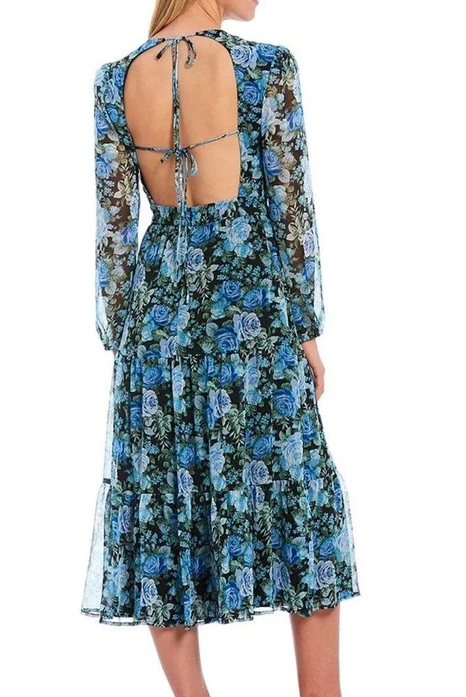 WAYF Dress Blue Floral Print Long Blouson Sleeve Open Back Tiered Midi Sz L NWT - Image 3