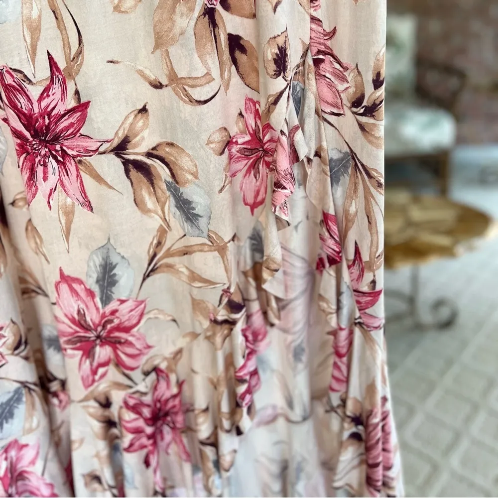 Lascana Maxi Skirt Pink Floral Ruffled Split Front 8 Vacation Brunch Party Mod - Image 12