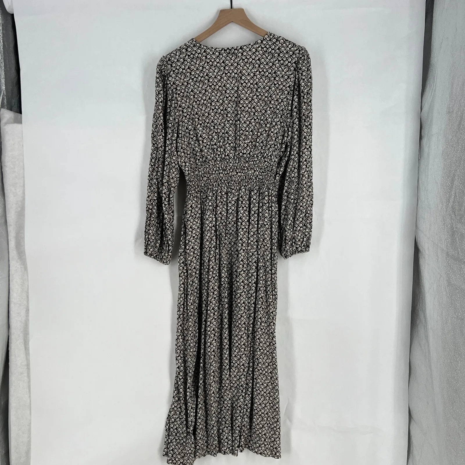 Gap Maxi Dress Womens Large Brown Floral Smocked Waist Ruffle Puff Sleeve V-Neck - Image 10