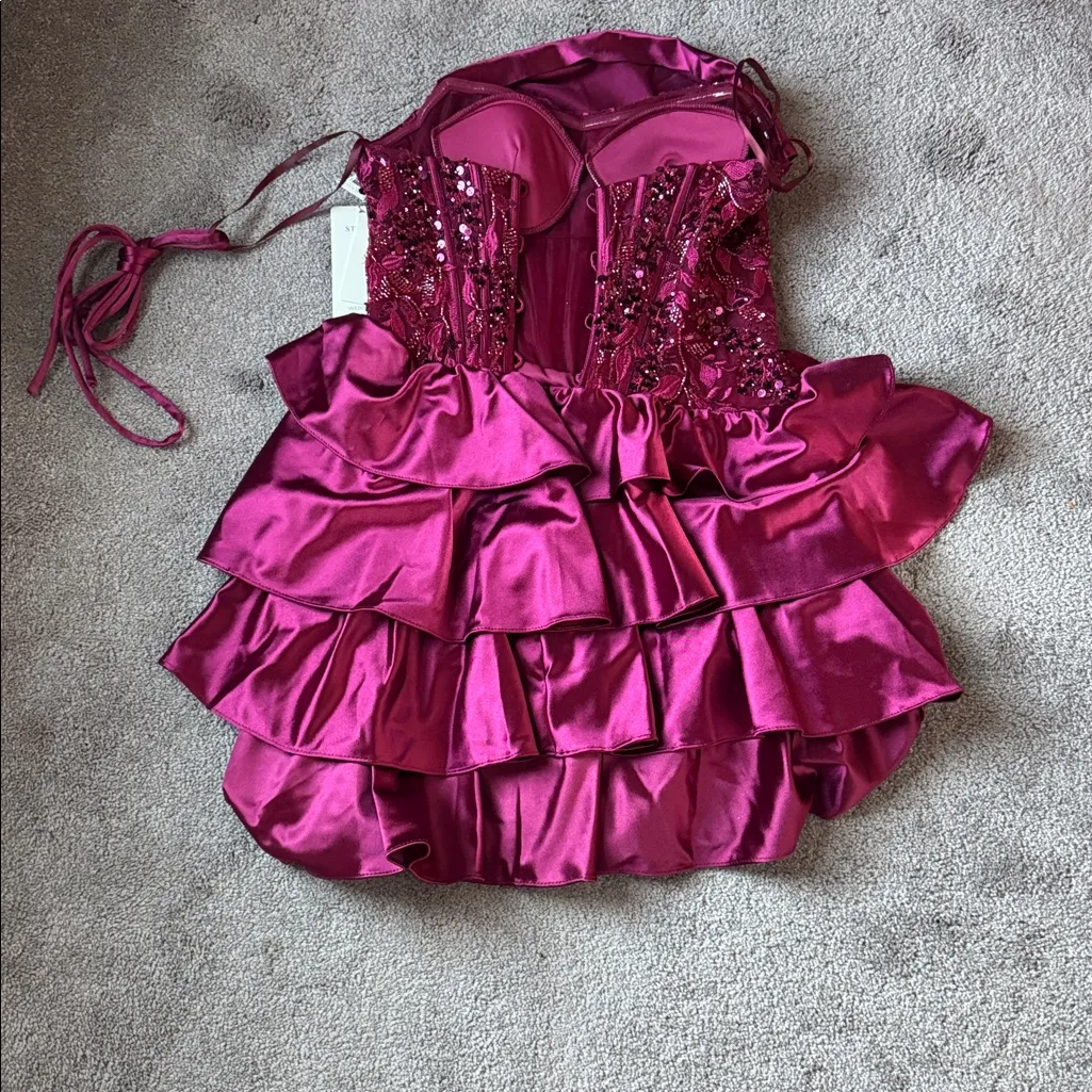 Stacees Burgundy Mini Corset Sequin Beaded Cowl Dress SIZE 4 - Image 6