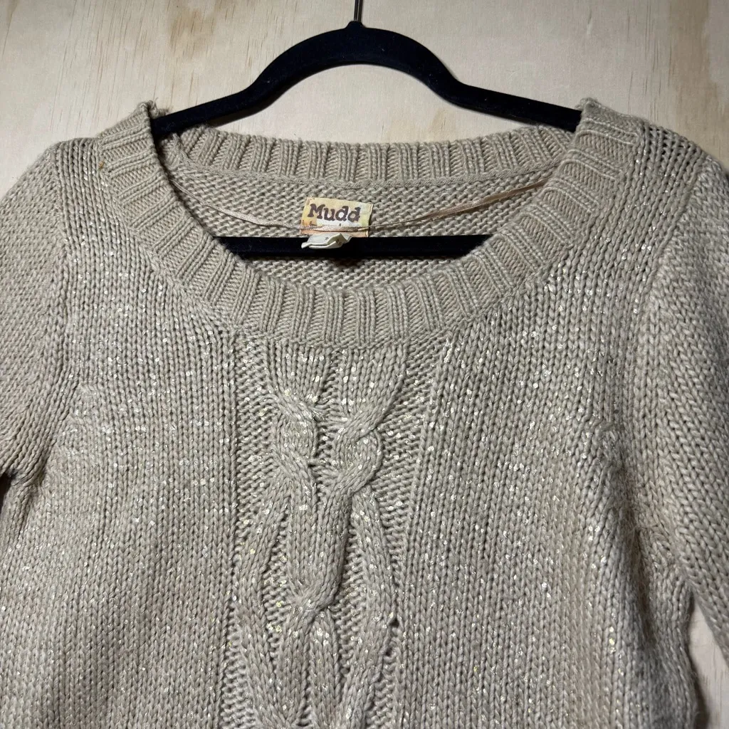 Mudd Women’s Beige Cable Knit Sweater – Long Sleeve, High-Low Hem – Size S - Image 3