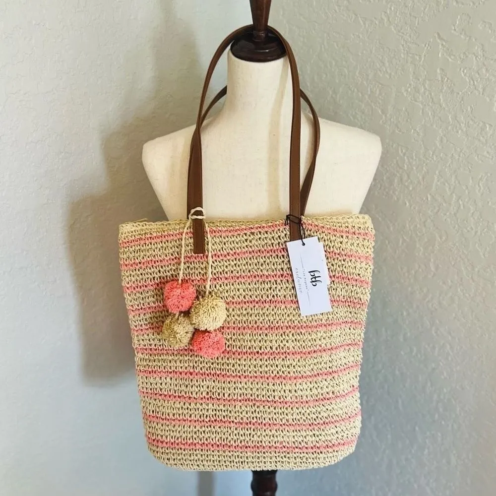 btb‎ Los Angeles Lucy Tote, Straw Woven Pom Pom Vacation Beach Bag, Natural, NWT Tan - Image 12