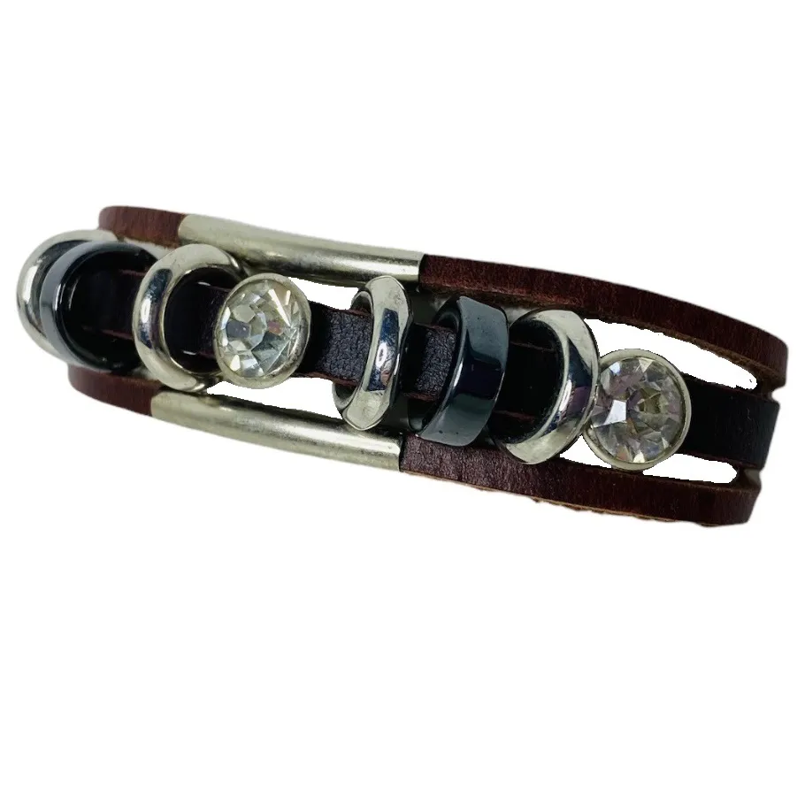 Brown Leather Triple Strand Boho Bracelet with Crystal Embellishments - Image 2