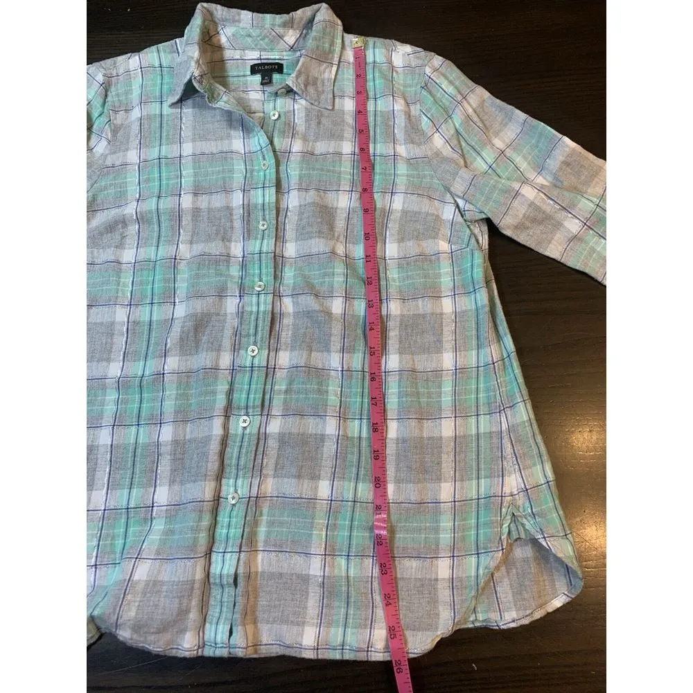 Talbots Shirt Womens Medium Plaid Pastel Metallic Preppy‎ Classic Church Casual - Image 10