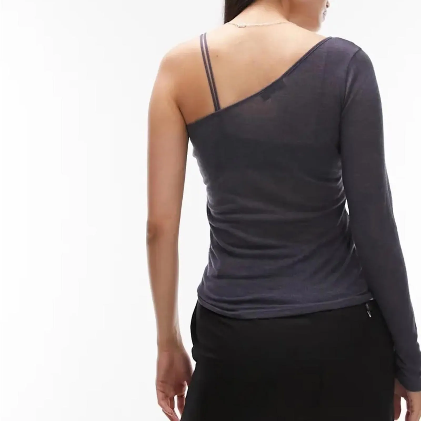 Topshop Semisheer One-Shoulder Top Gray NWT Small - Image 4