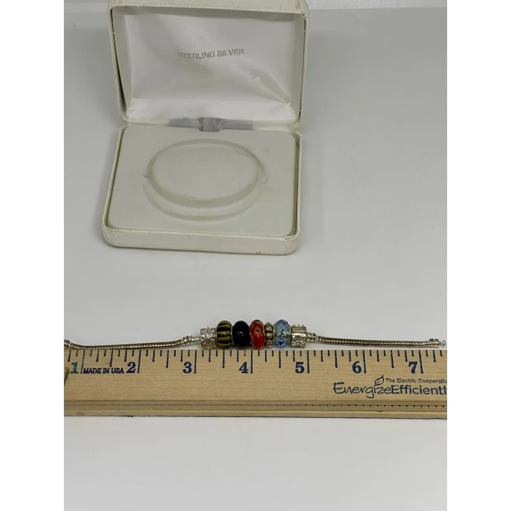 Sterling Silver Bead Charm Bracelet Glass Beads 7.5" European Snake Chain w/ Box - Image 7