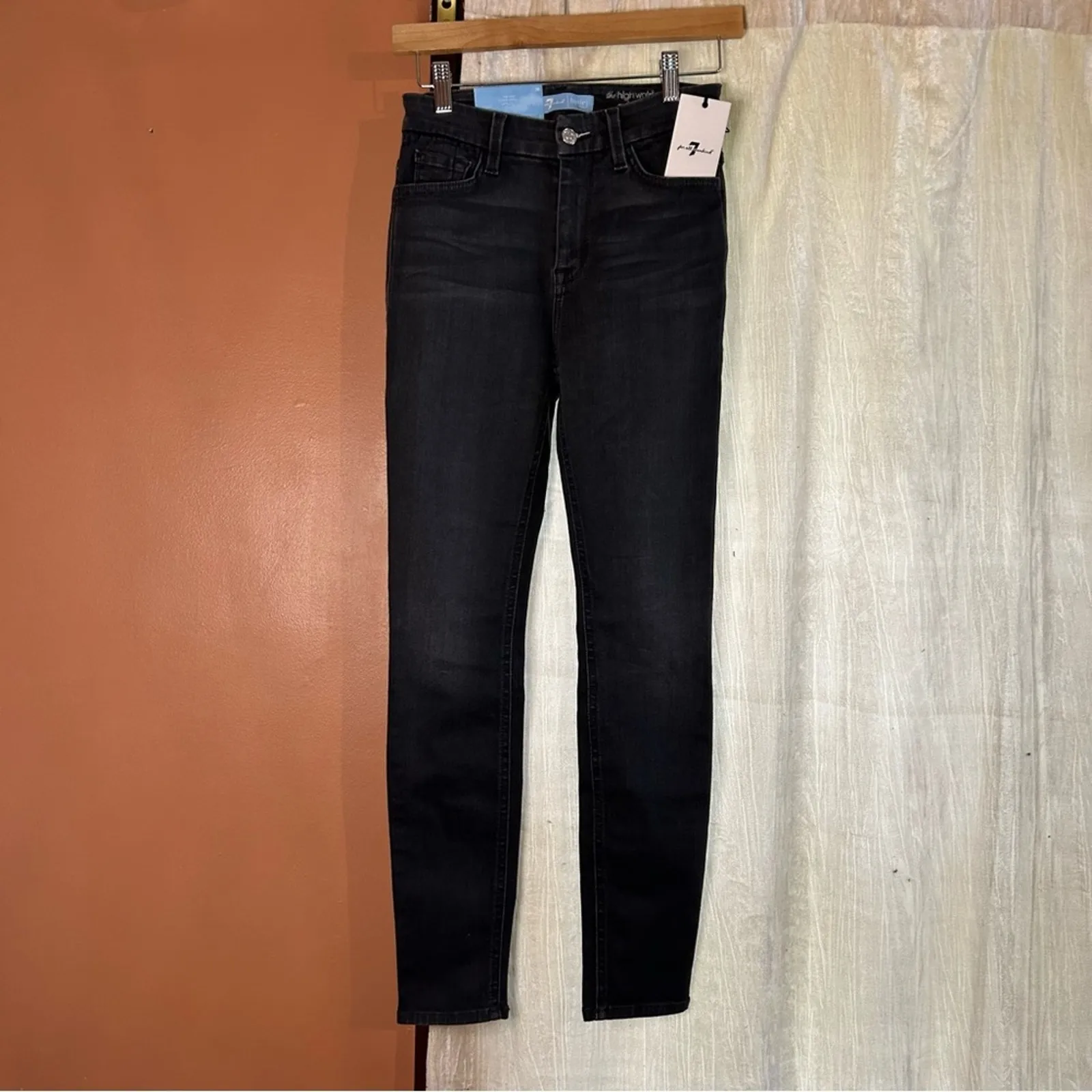7 For All Mankind High Waist Ankle Skinny Jeans Stretch Washed Black $189 NWT 26 - Image 4