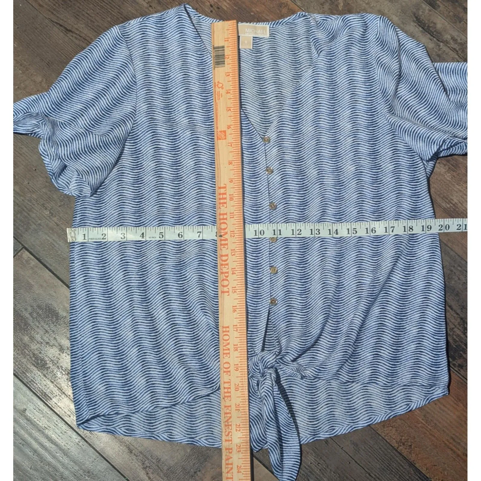 MICHAEL Michael Kors S Blue White Wave Print Tie Front Blouse - Image 4
