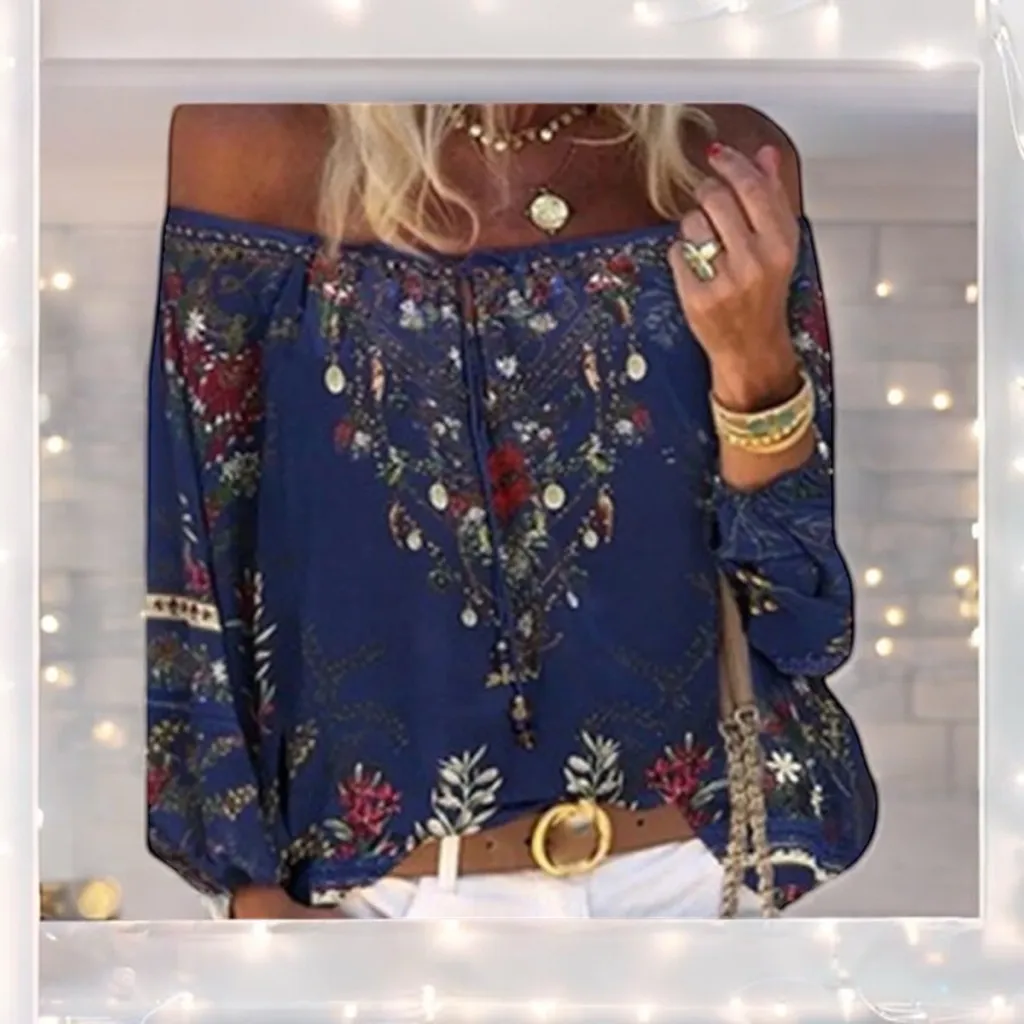 Amazon Women's Blue Floral Off-Shoulder Blouse - Image 2